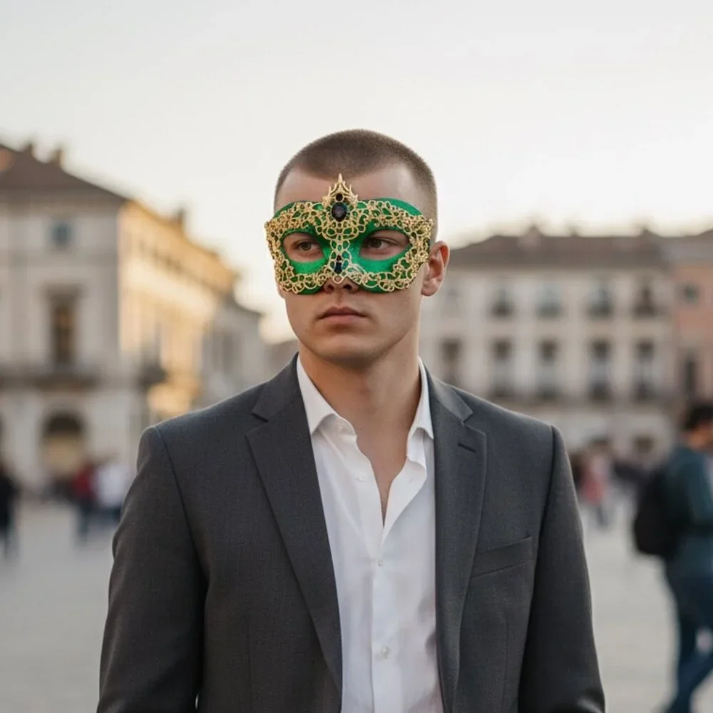 Men's masquerade mask, masquerade ball mask, Gold Green masquerade Mask, 2 in 1
